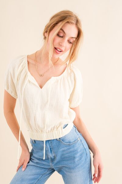 Cotton Gauze Back Waist Tie Cropped Blouse for Women | Crop Tops | Ro + Ivy