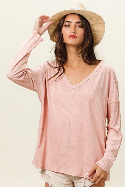 Exposed Seam V-Neck Long Sleeve T-Shirt for Women | Knit Tops | Ro + Ivy