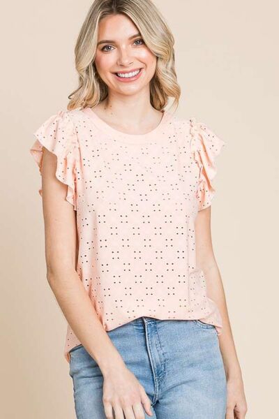 Eyelet Round Neck Ruffled Cap Sleeve Top for Women | Blouses | Ro + Ivy