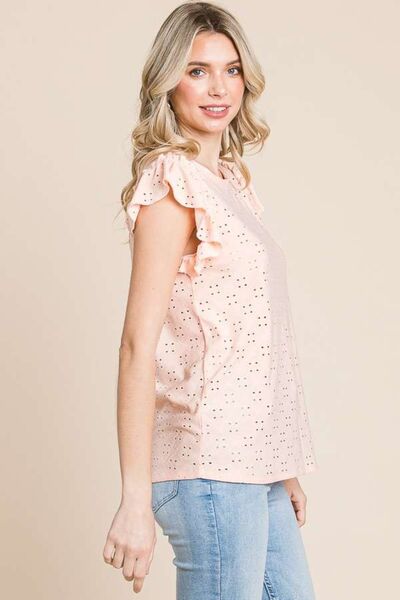 Eyelet Round Neck Ruffled Cap Sleeve Top for Women | Blouses | Ro + Ivy