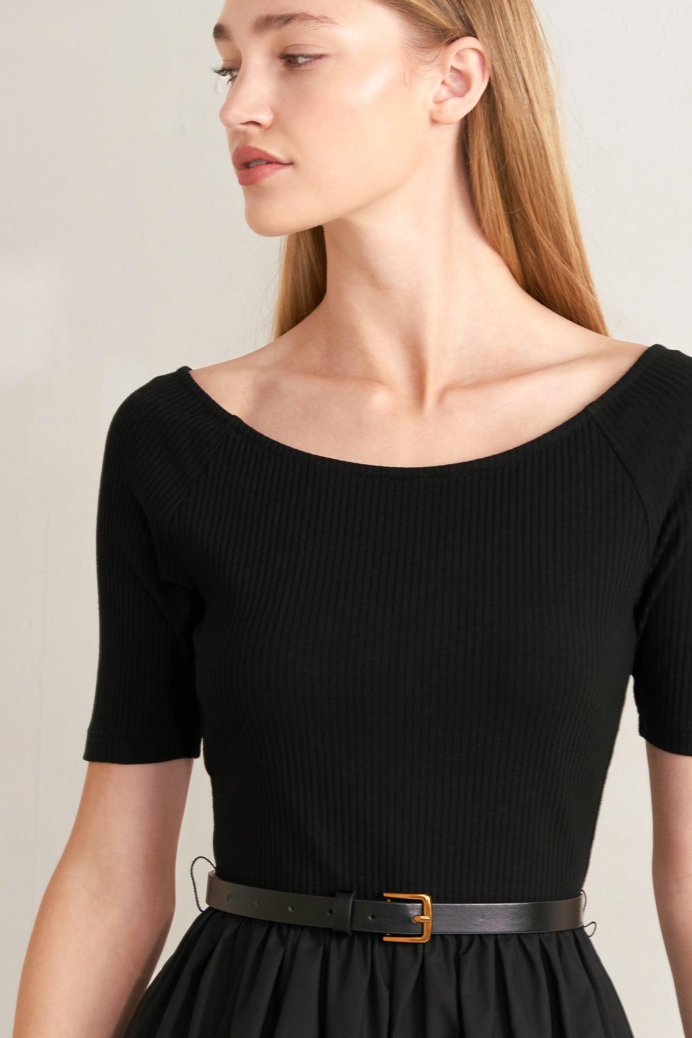 Black Scoop Neck Mixed Media Midi Dress with Short Sleeves