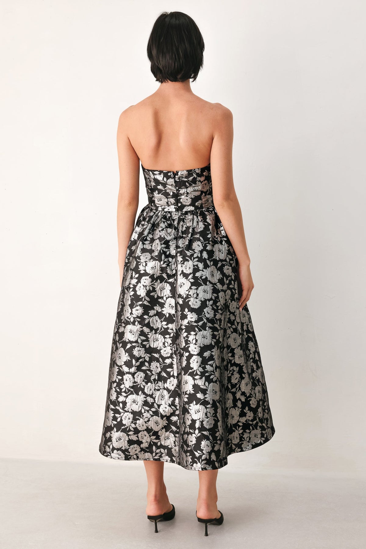 Dark Brown Jacquard Midi Dress with Sweetheart Neckline, Straps and Self Belt