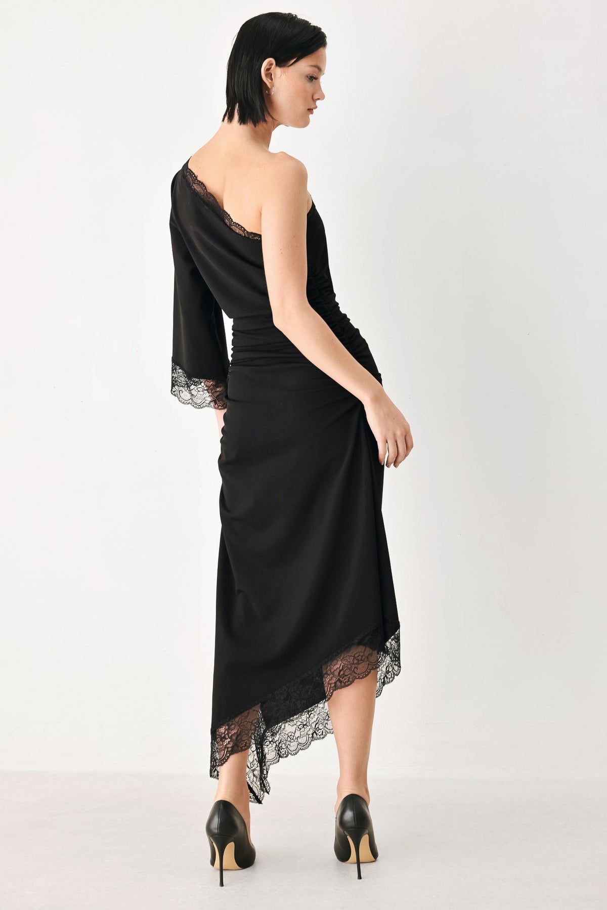 Black Knit Asymmetric Midi Dress with Ruched Bodice and Lace-Trim Hem