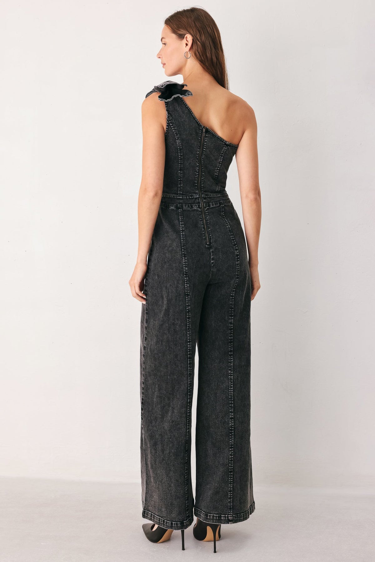 One Shoulder Wide-Leg Denim Jumpsuit