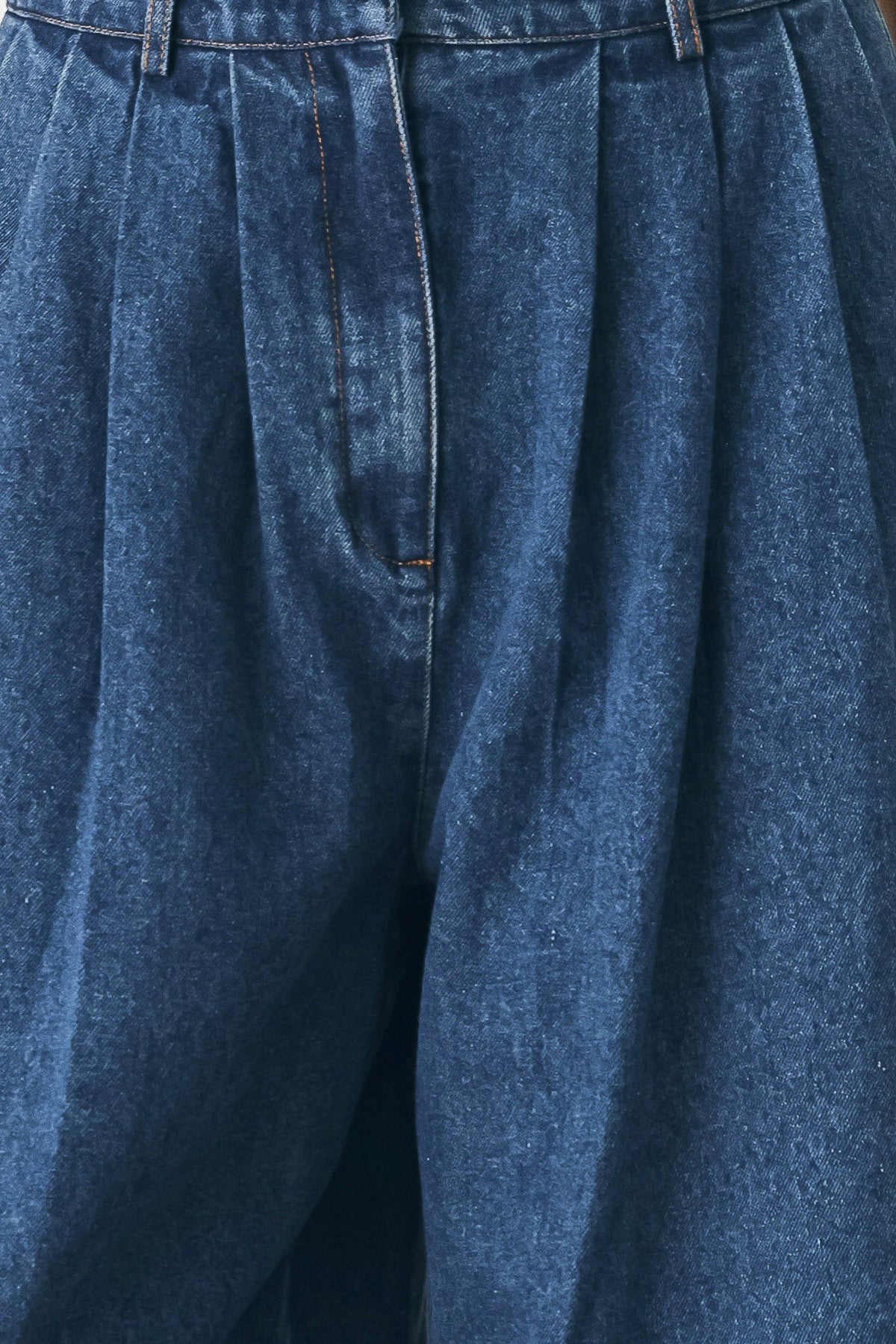 Wide-Leg Pleated Denim Pants