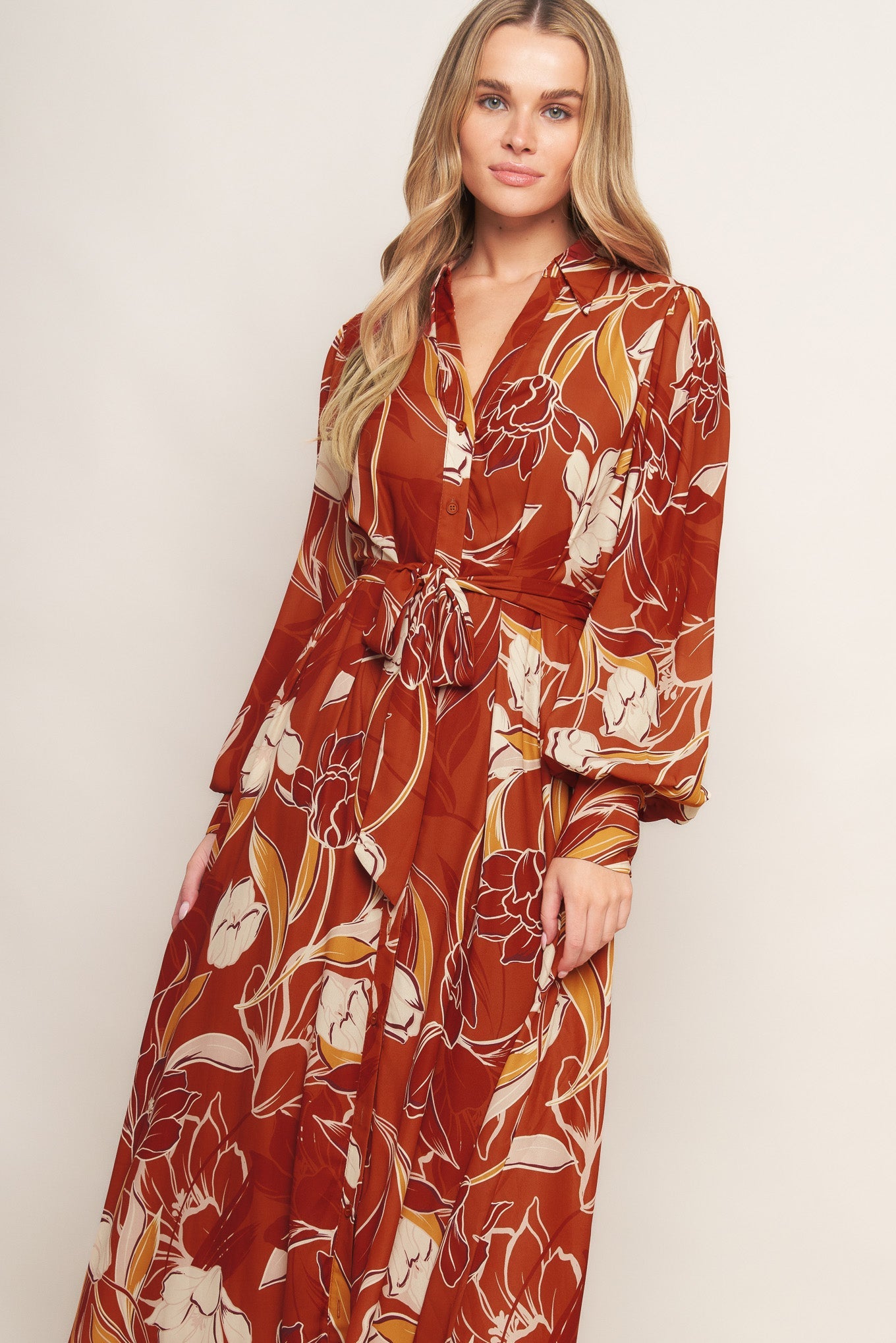 Boho V Neck Midi Dress with Bishop Sleeves Trendy Midi Dresses Outfit Idea for Women | Ro + Ivy