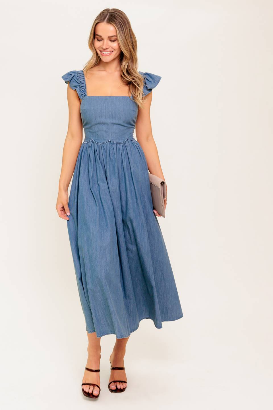 Petal Chambray A Line Summer Midi Dress with Pockets | Trendy Midi Dresses Outfit Idea for Women by Ro + Ivy | Elevated Basics, Modern Comfort & Style
