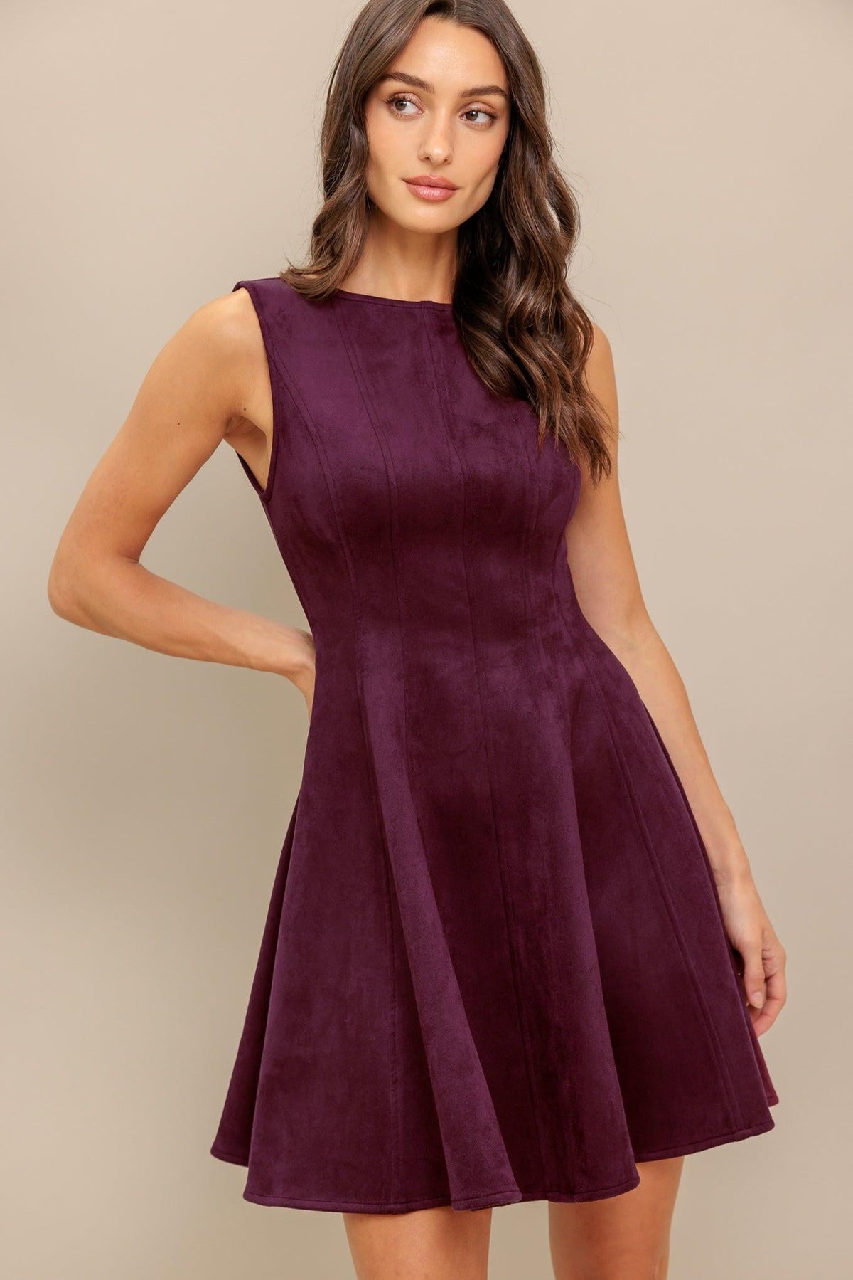 Brown Faux Suede Sleeveless Mini Dress with Round Neck and Circle Skirt