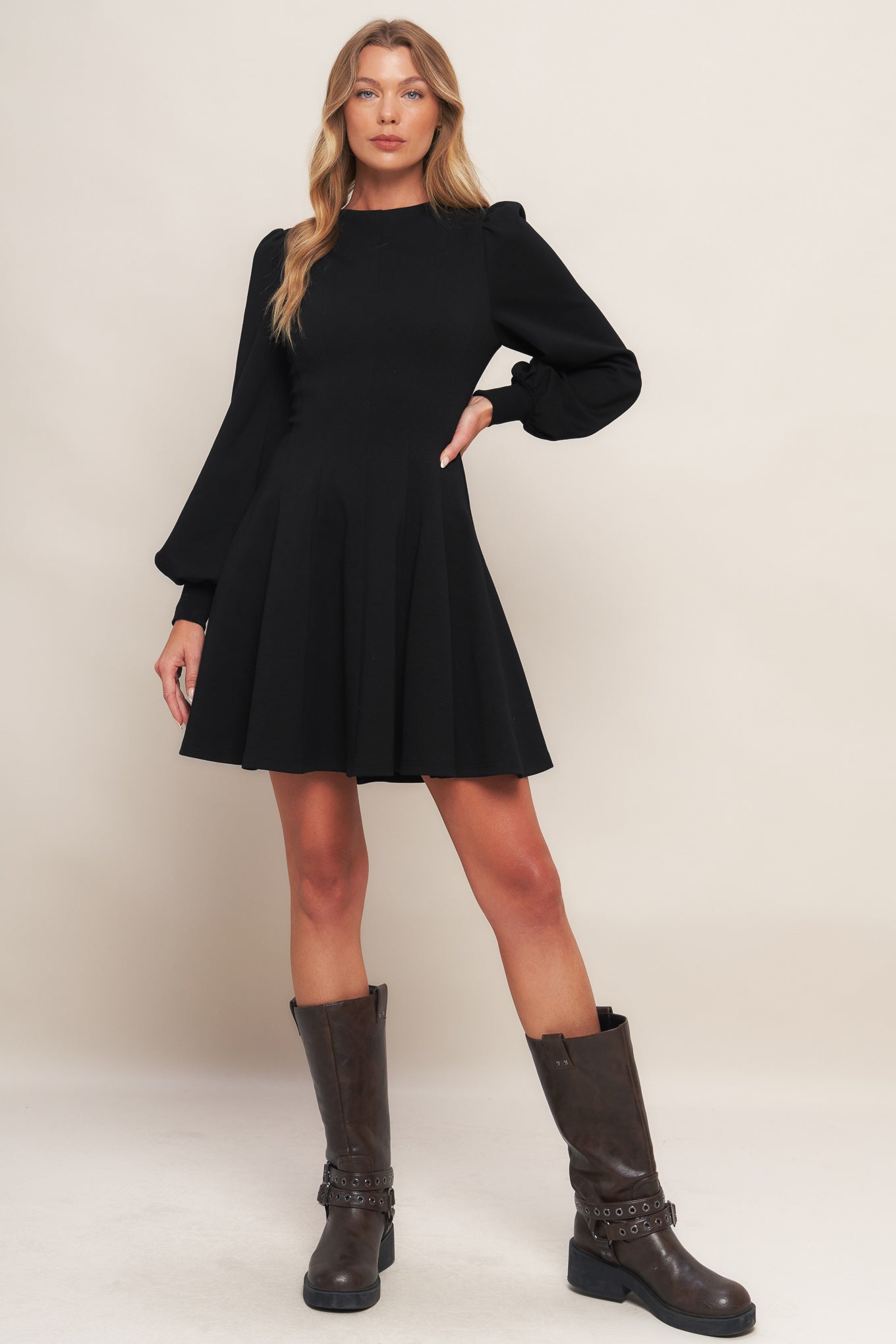 Round Neck Knit Mini Dress with Bishop Sleeves Trendy Mini Dresses Outfit Idea for Women | Ro + Ivy