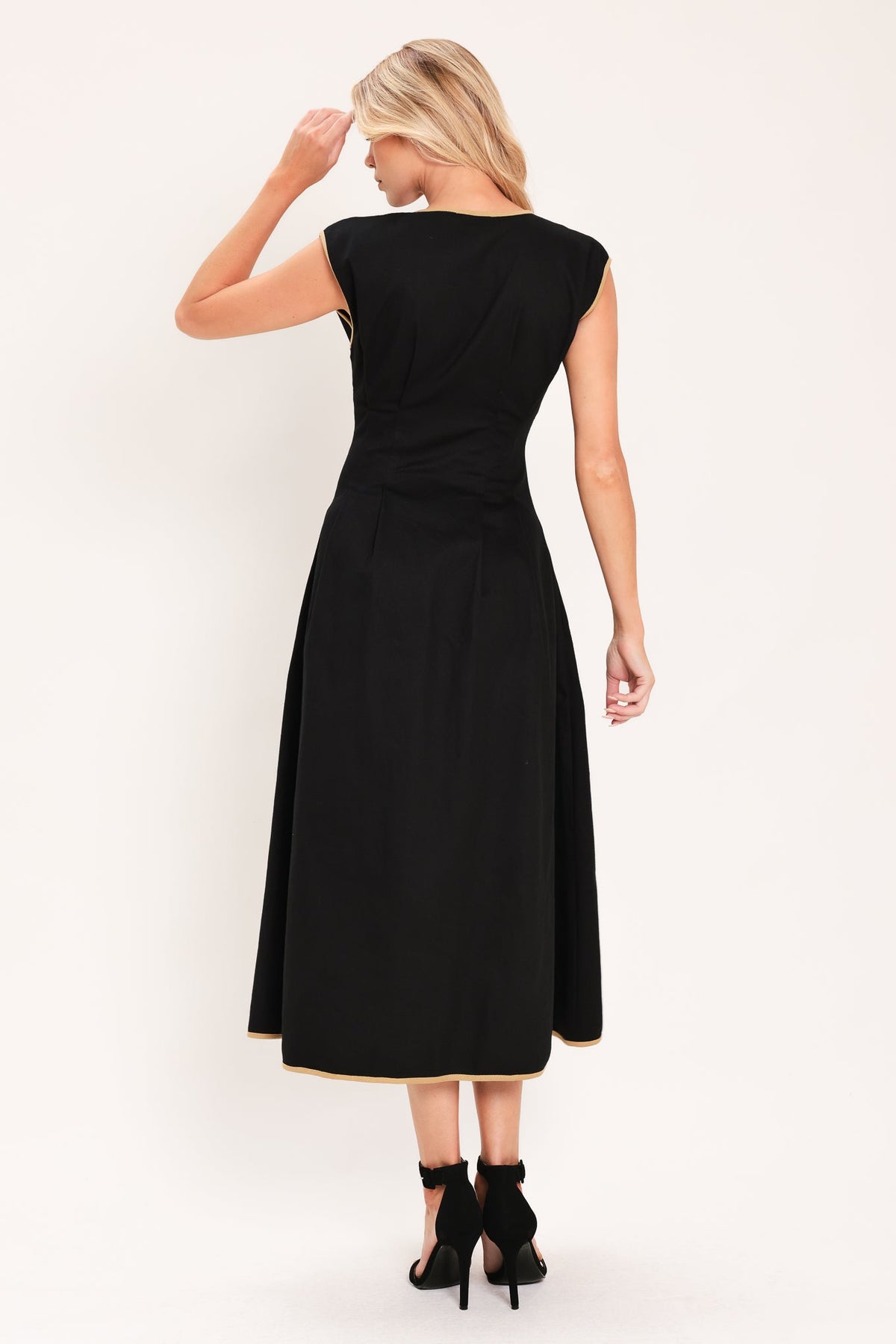Woven Midi Dress with V-Neck, Dolman Cap Sleeves, Button Front and Corset Waist