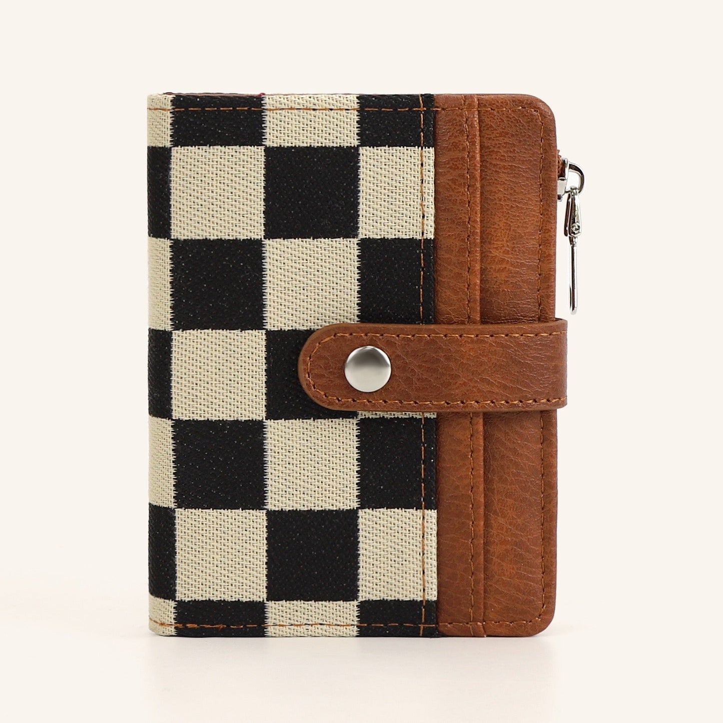 Mixed Media Checker Fold-Over Wallet Cognac Check