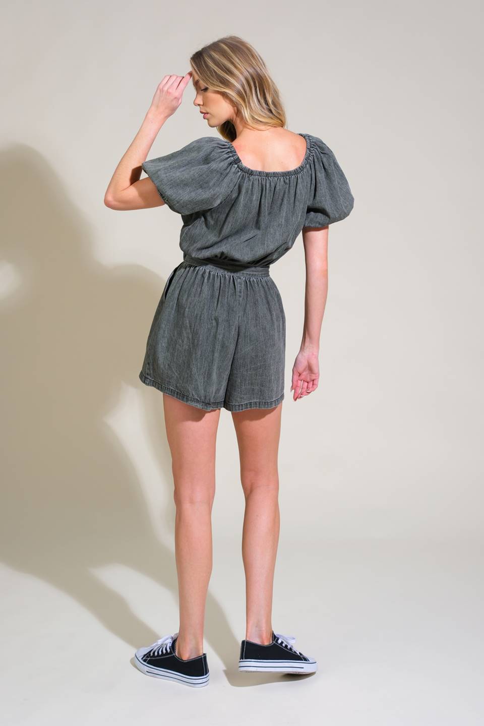 Off the Shoulder Denim Wash Romper with Front Tie | Trendy Rompers Outfit Idea for Women by Ro + Ivy | Elevated Basics, Modern Comfort & Style