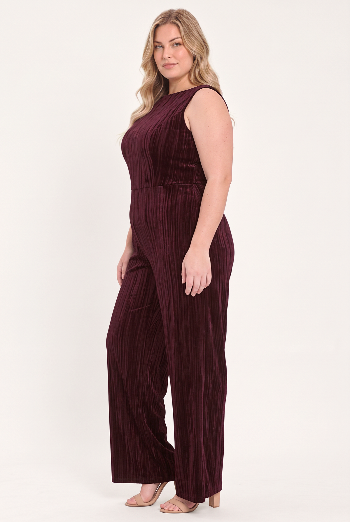 Burgundy Textured Velvet Sleeveless Wide-Leg Jumpsuit