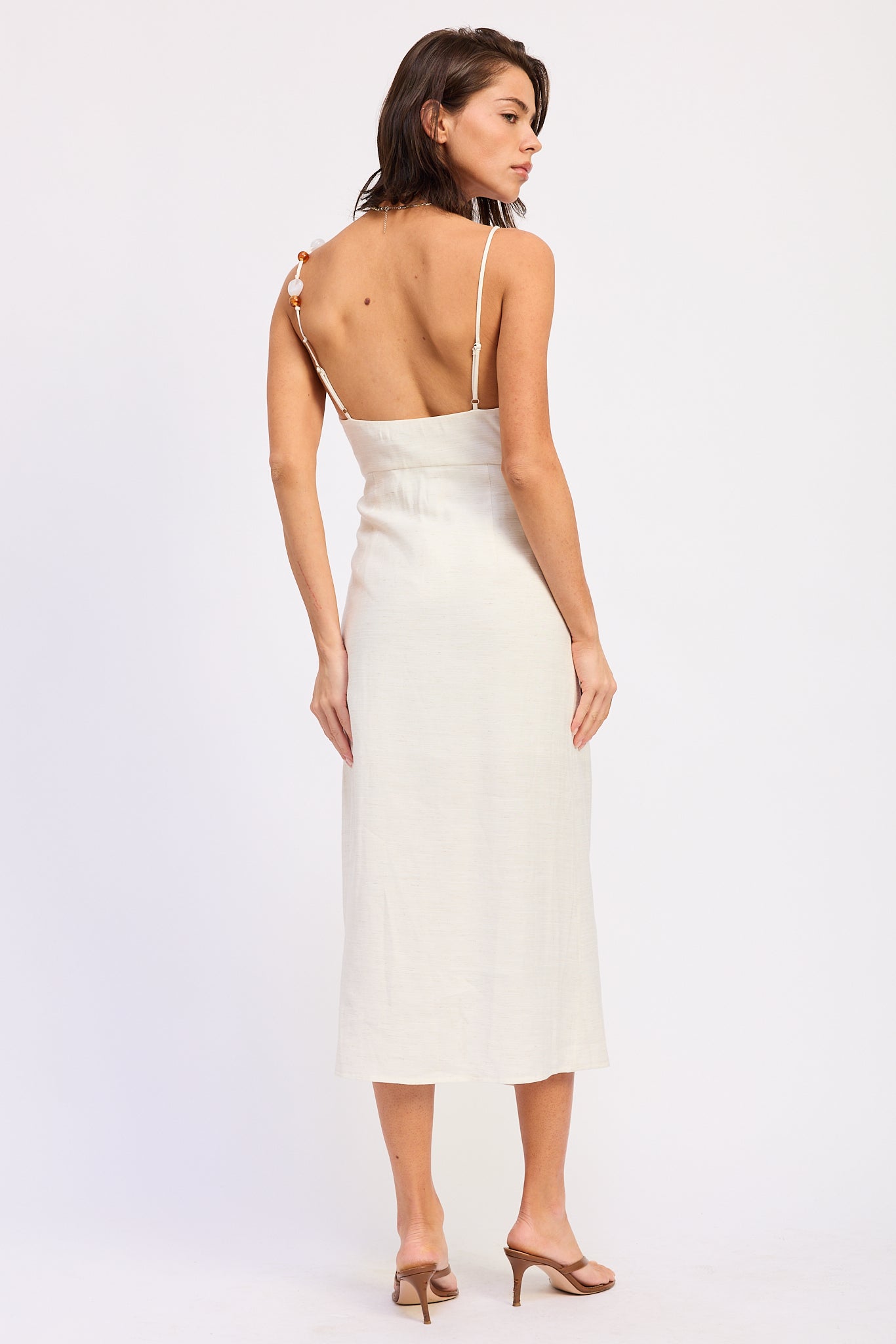 Asymmetrical Pleated Tulip Hem Midi Dress Rayon Linen Blend Elegant Silhouette