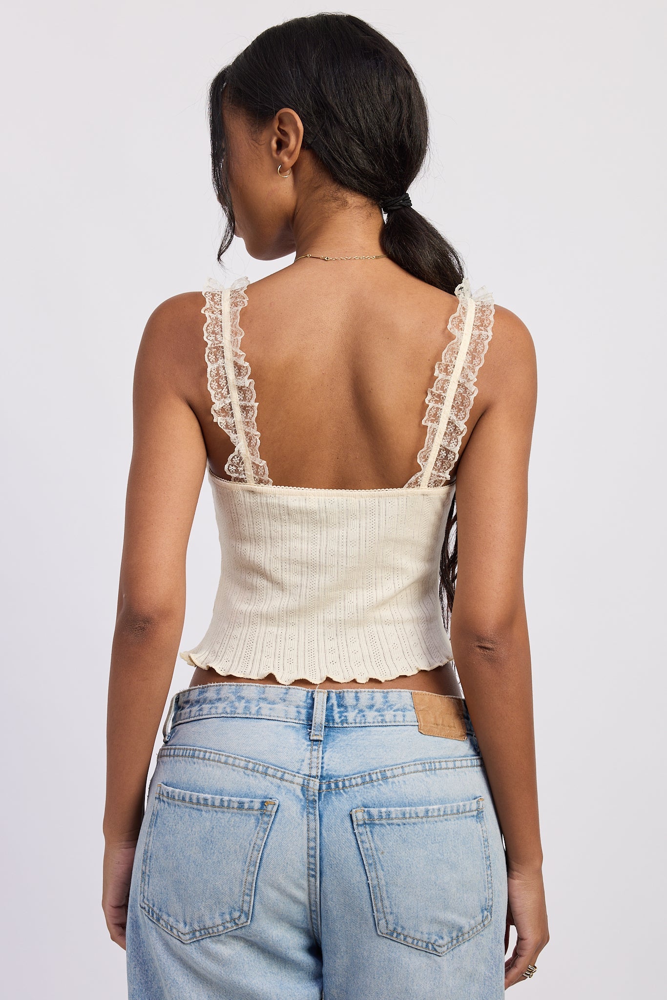 Lace Detail Pointelle Tank Top 100% Cotton Nylon Trim Feminine Style