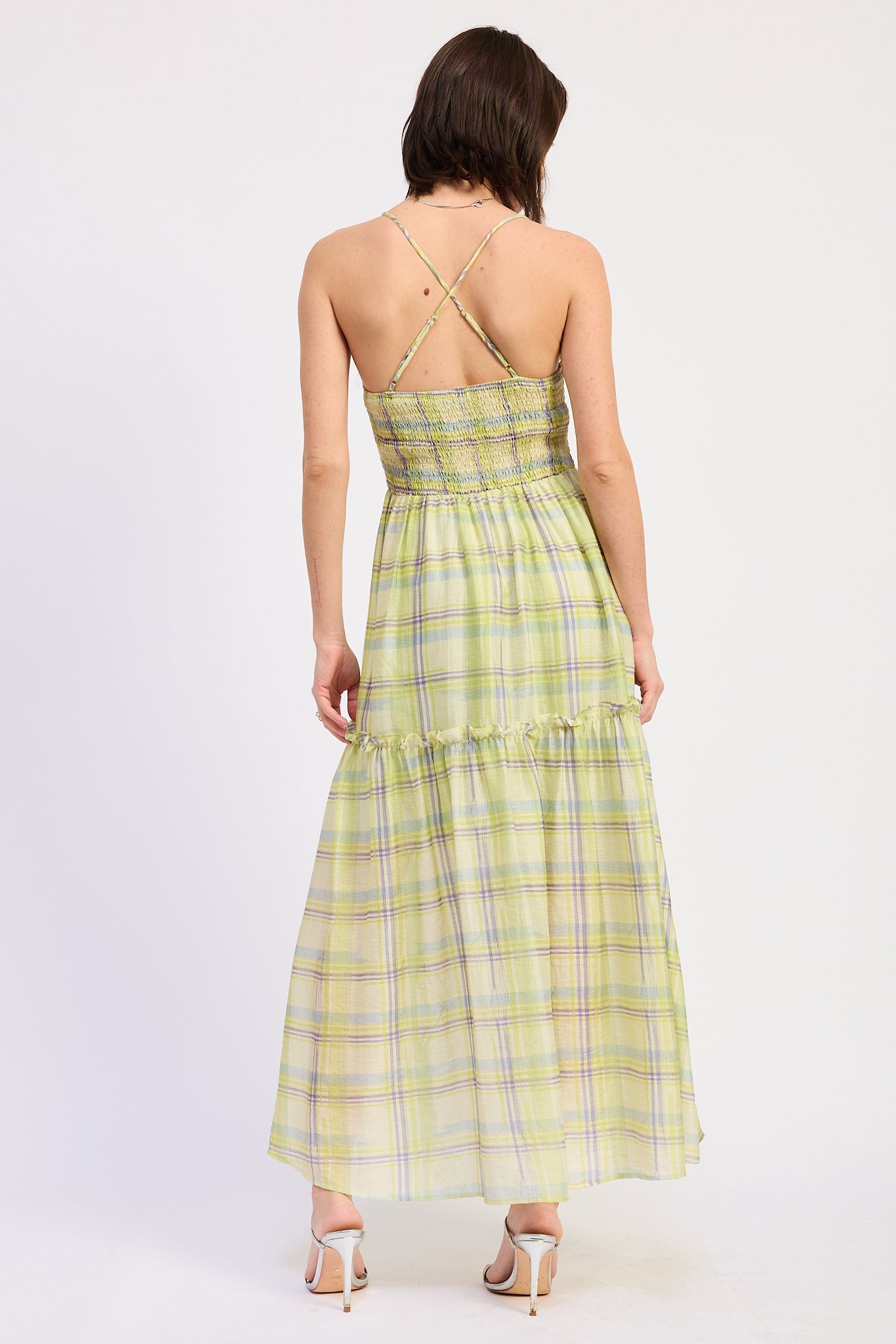 Smocked Spaghetti Strap Maxi Dress Lyocell Nylon Linen Blend Flowing Style