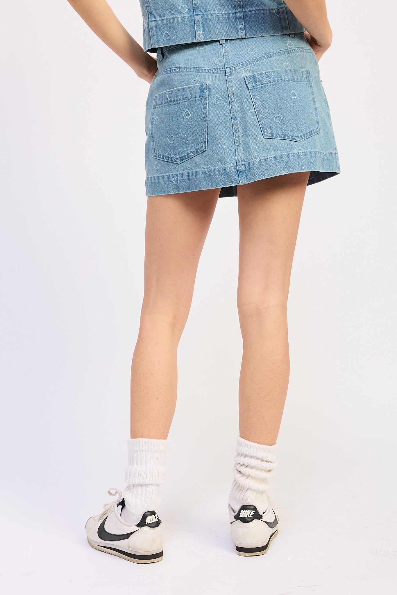 Distressed Denim Mini Skirt Cotton Viscose Blend Matching Set Casual Style