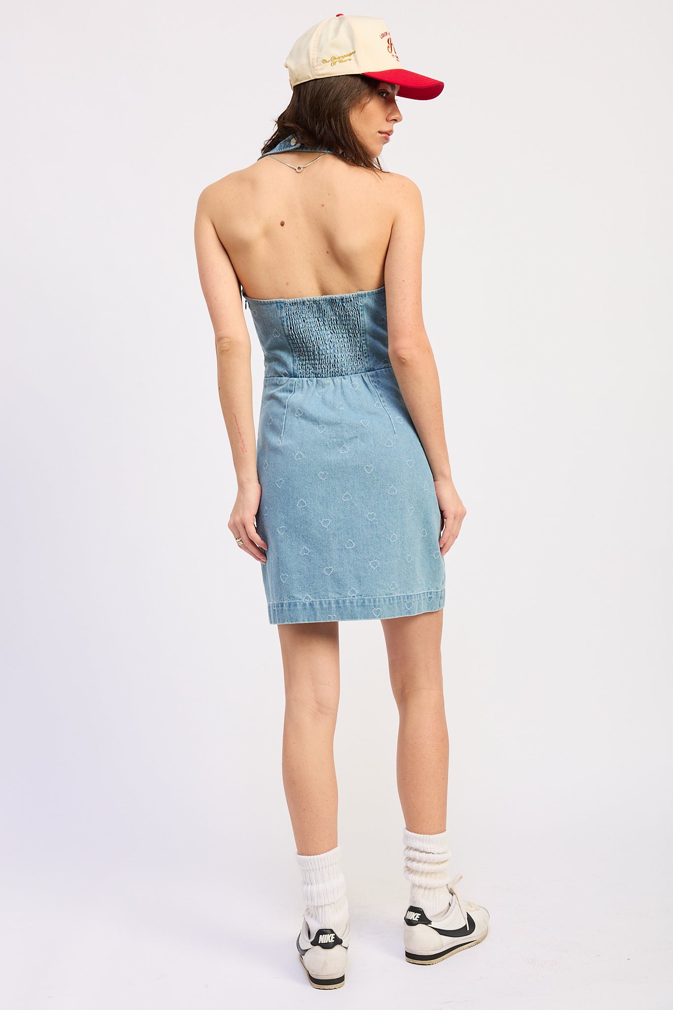 Light Wash Denim Halter Heart Button Mini Dress Cotton Viscose Figure Flattering Style