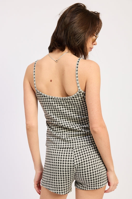 Gingham Tank Top Polyester Rayon Spandex Blend Matching Set Casual Style