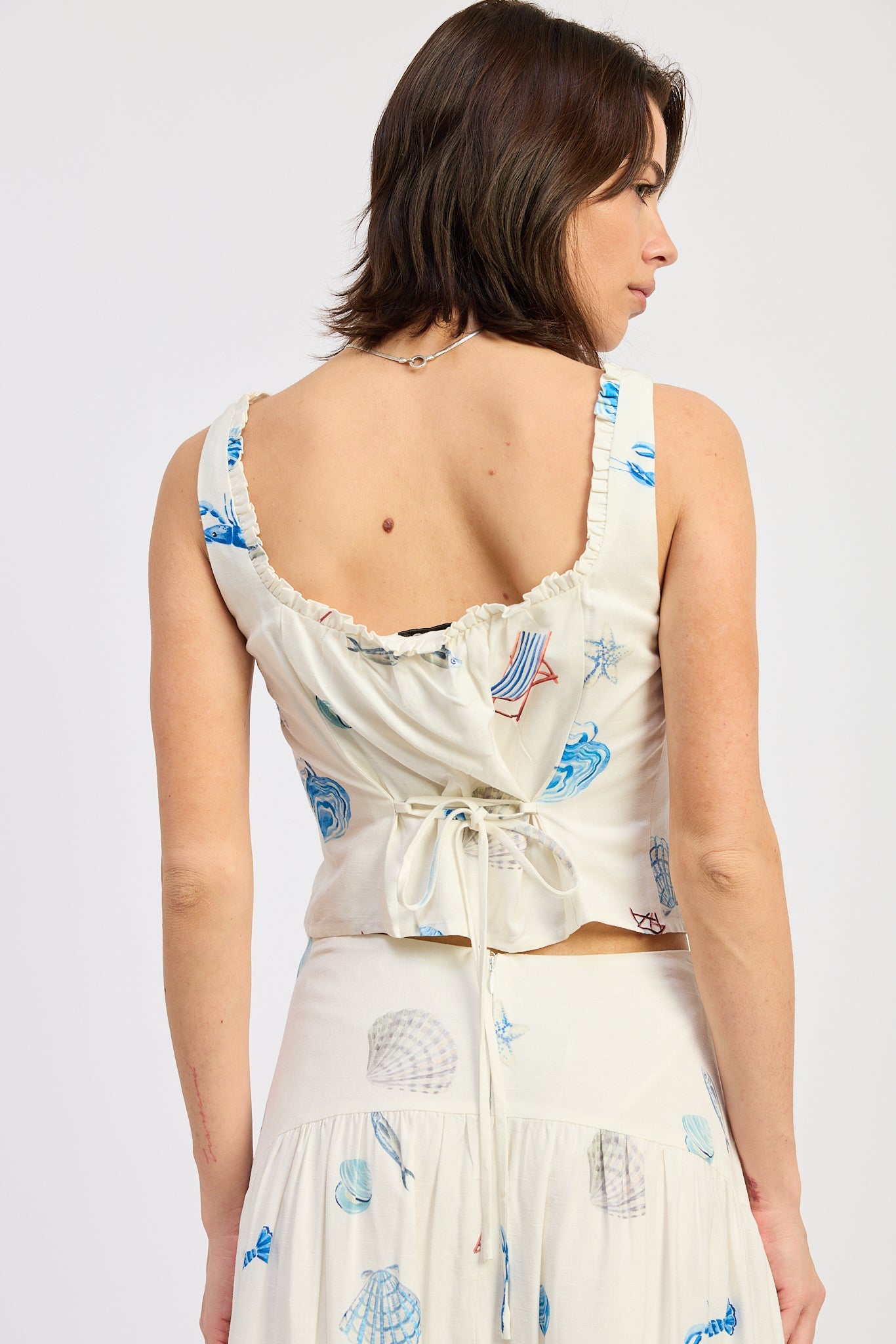 Shell Print Linen Ruffled Tank Top Viscose Linen Blend Matching Set Style
