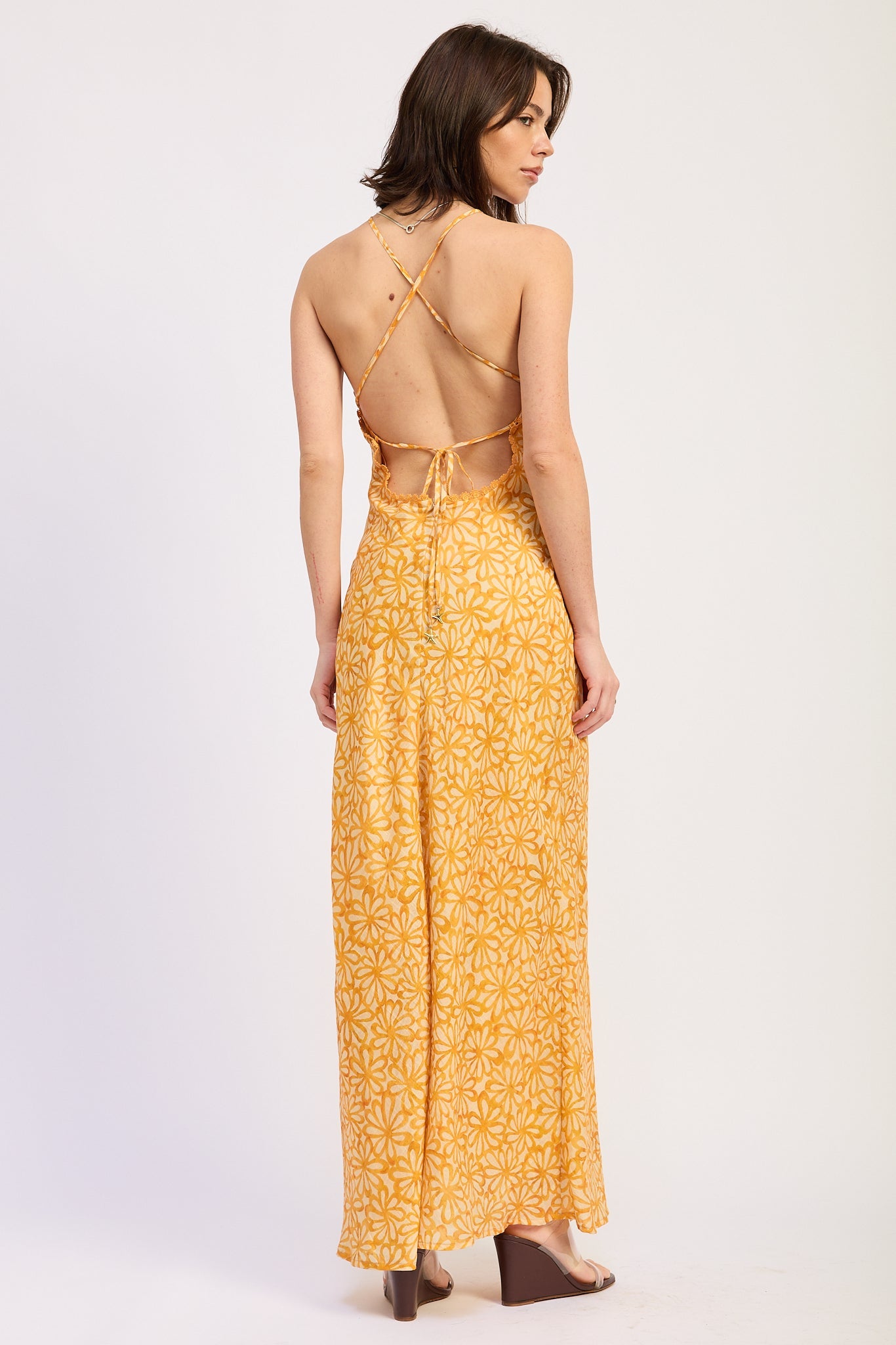 Cross Back Halter Midi Dress Lyocell Nylon Linen Blend Elegant Silhouette