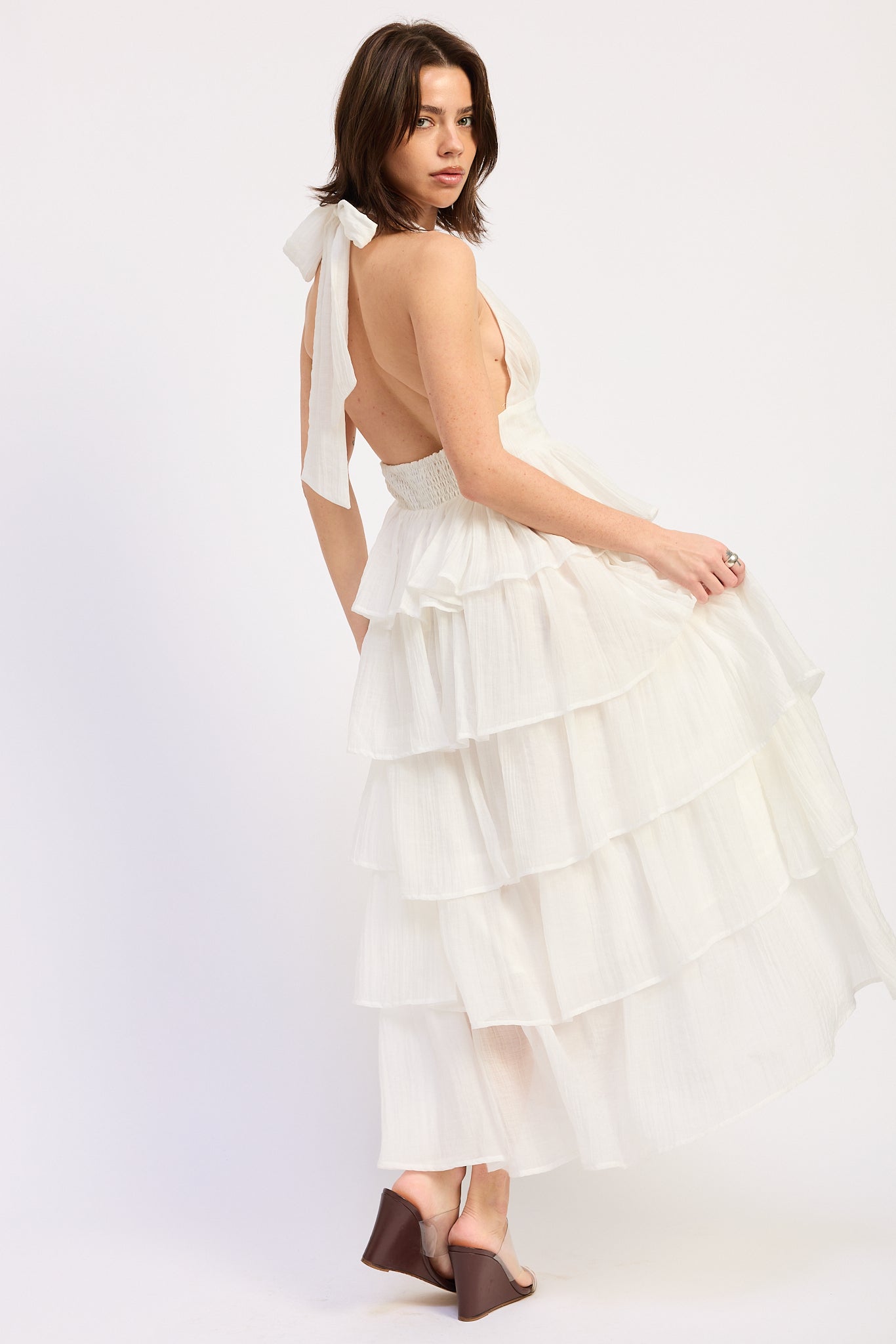 Halter Tiered Neck Tie Midi Dress Lyocell Polyester Blend Flowy Elegant Style