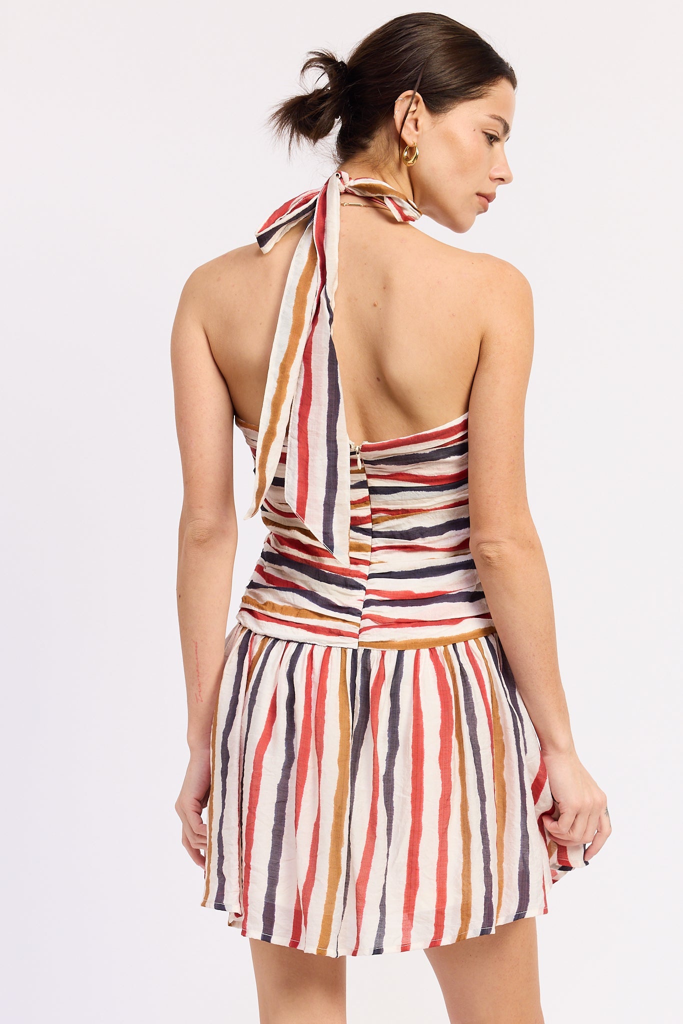 Striped Sleeveless Neck Tie Mini Dress Rayon Nylon Feminine Everyday Style