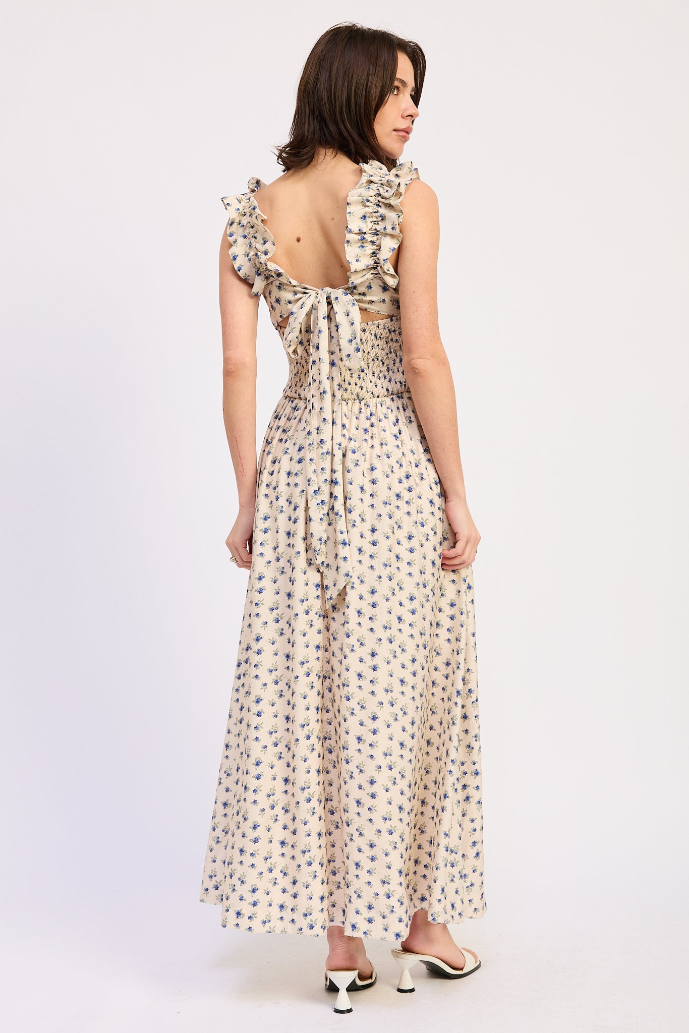 Ruffled Neckline Maxi Midi Dress Rayon Nylon Blend Flowy Elegant Style
