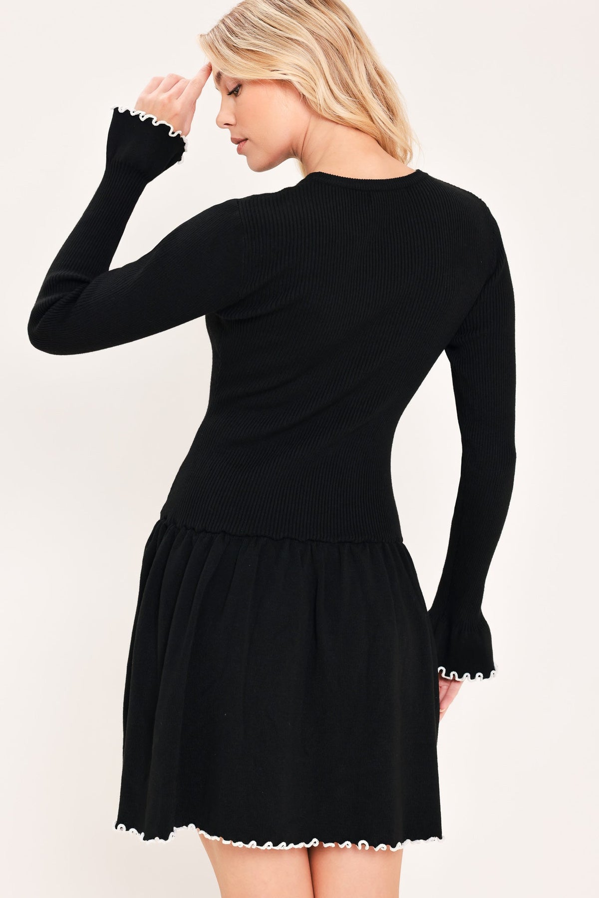 Black Sweater Mini Dress with Sweetheart Neckline and Contrast Trim