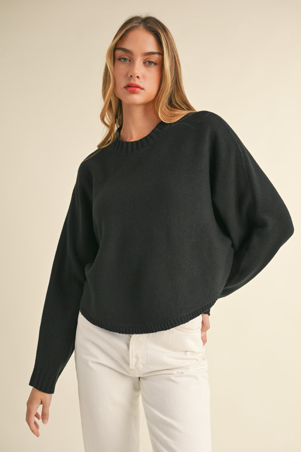 Black Long Dolman Sleeve Loose Crop Sweater in Black Trendy Sweaters Outfit Idea for Women | Ro + Ivy