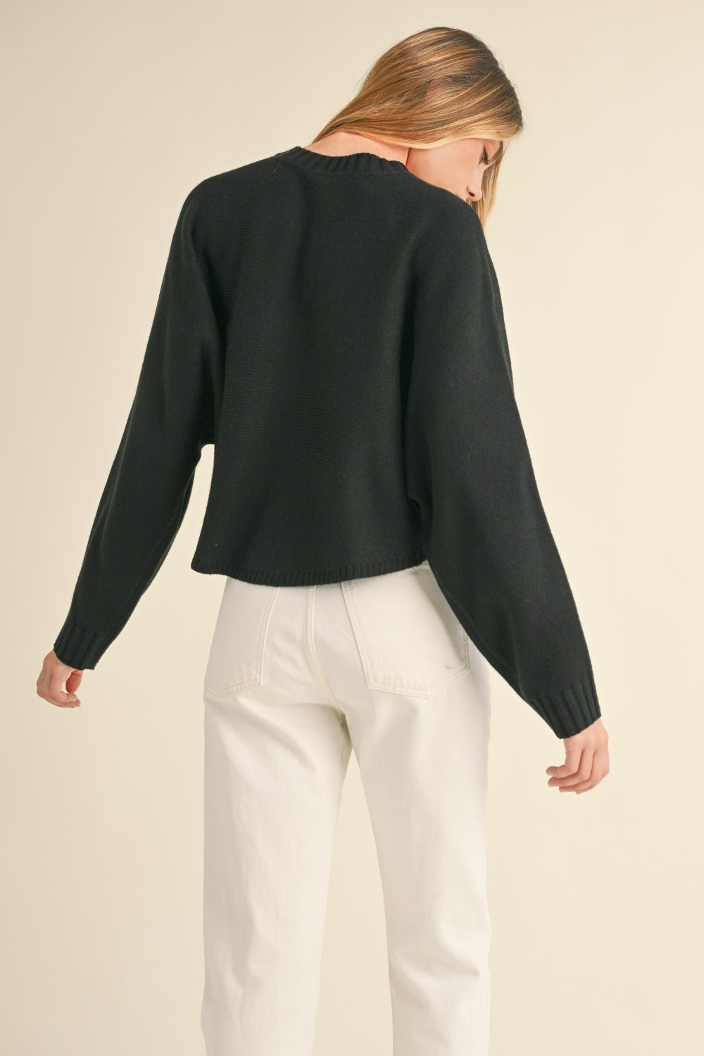 Long Dolman Sleeve Loose Crop Sweater in Black Trendy Sweaters Outfit Idea for Women | Ro + Ivy