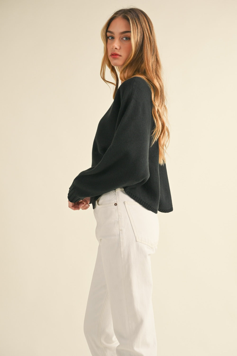 Long Dolman Sleeve Loose Crop Sweater in Black Trendy Sweaters Outfit Idea for Women | Ro + Ivy