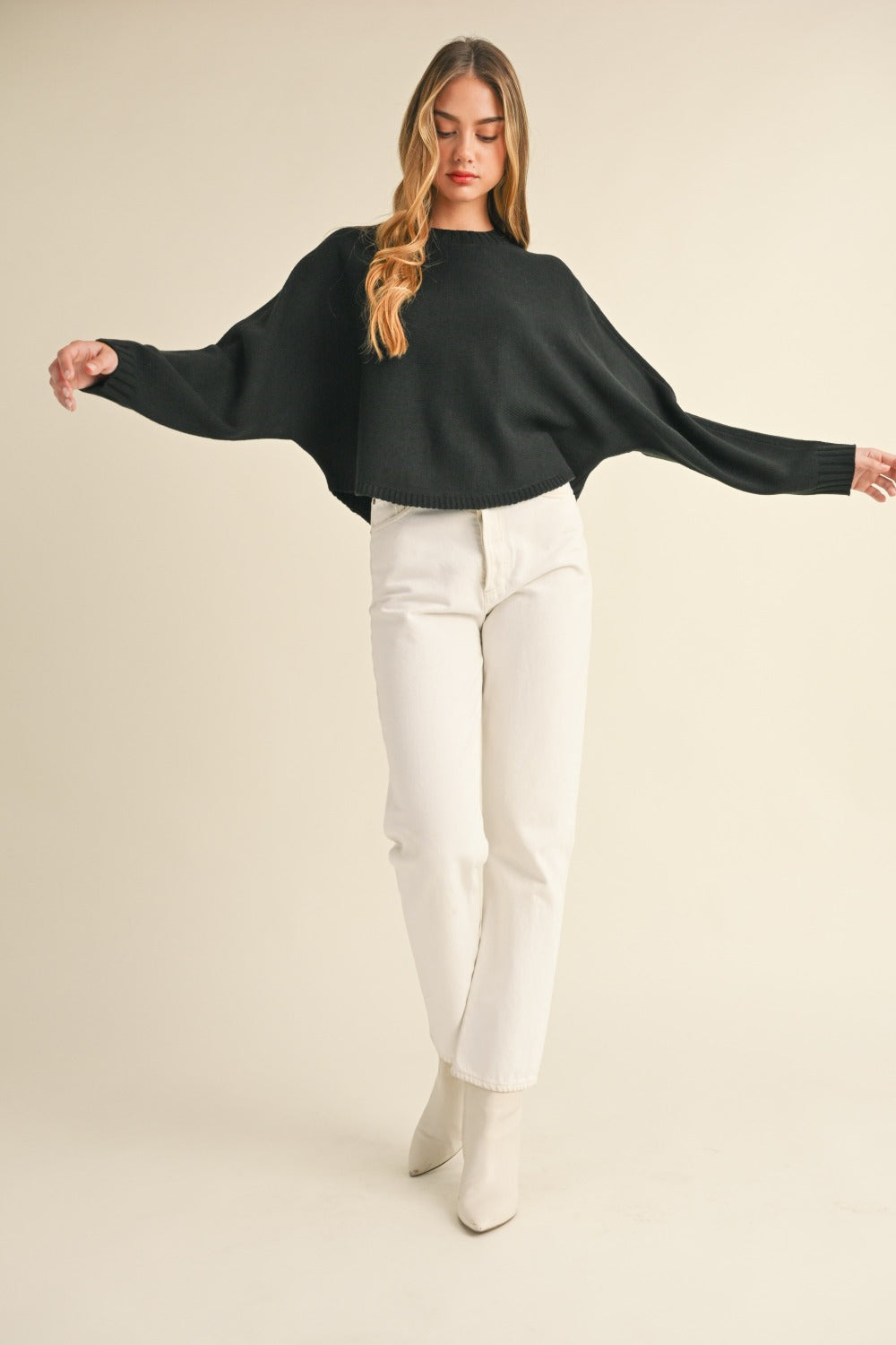 Long Dolman Sleeve Loose Crop Sweater in Black Trendy Sweaters Outfit Idea for Women | Ro + Ivy