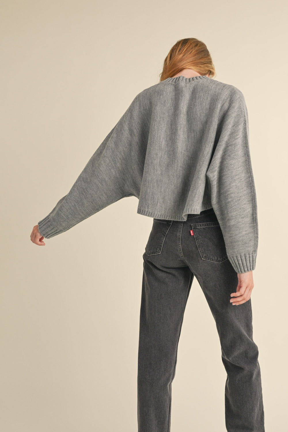 Long Dolman Sleeve Loose Crop Sweater in Grey Trendy Sweaters Outfit Idea for Women | Ro + Ivy