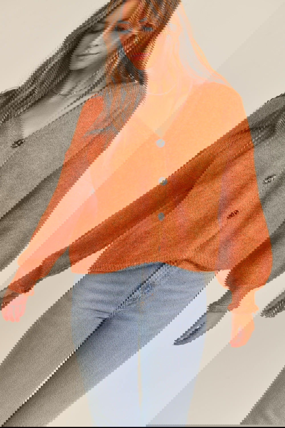 Long Sleeve Button Down Sweater Cardigan in Rust - Ro + Ivy
