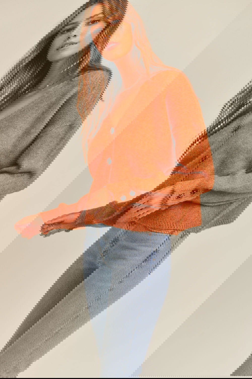 Long Sleeve Button Down Sweater Cardigan in Rust - Ro + Ivy