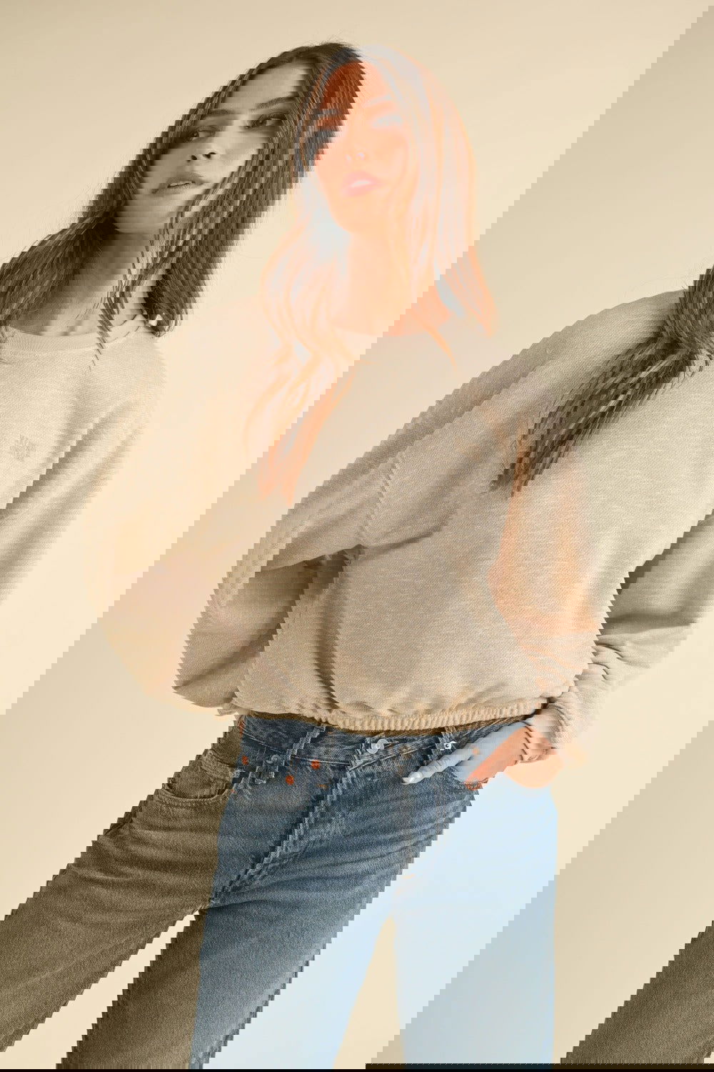 Malibu Vintage Embroidery Crop Sweatshirt – Taupe outfit idea for women | Ro + Ivy