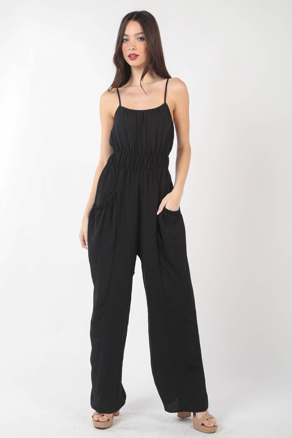Pintuck Detail Woven Sleeveless Jumpsuit for Women - Ro + Ivy