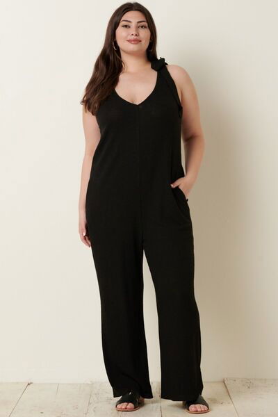 Rib Knit V-Neck Cross Back Jumpsuit for Women Trendy Jumpsuits Outfit Idea for Women | Ro + Ivy
