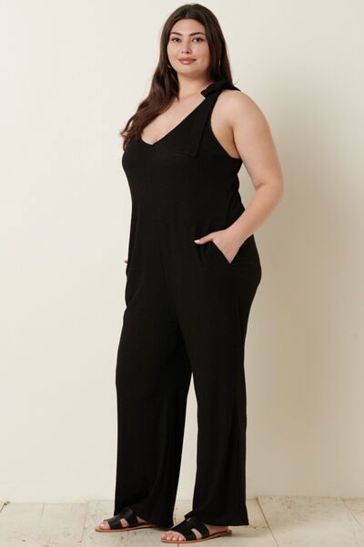 Rib Knit V-Neck Cross Back Jumpsuit for Women Trendy Jumpsuits Outfit Idea for Women | Ro + Ivy
