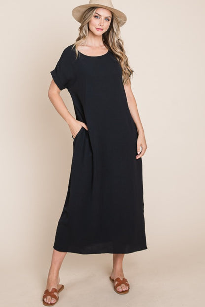 Round Neck Short Sleeve Midi Dress with Pockets for Women | Midi Dress | Ro + Ivy