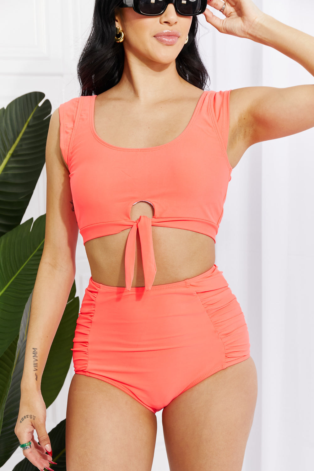 Sanibel Crop Swim Top and Ruched Bottoms Set in Coral for Women | Swimsuits | Ro + Ivy