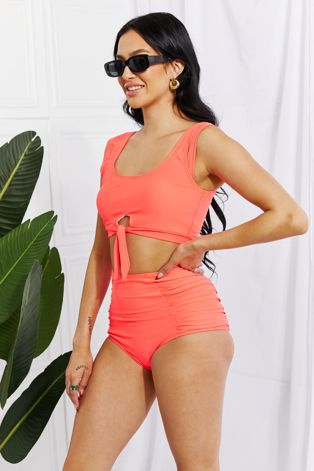 Sanibel Crop Swim Top and Ruched Bottoms Set in Coral for Women | Swimsuits | Ro + Ivy