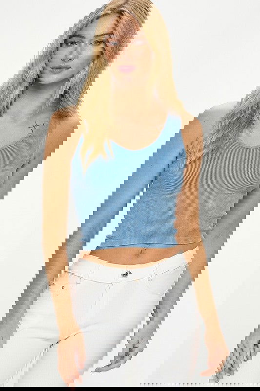 Denim OS Seamless Reversible Stonewashed Ribbed Tank Trendy Tank Tops Outfit Idea for Women | Ro + Ivy