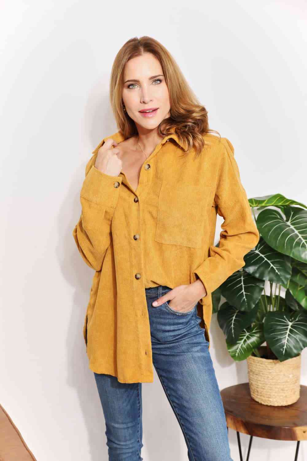 Size Inclusive Oversized Corduroy Button-Down Tunic Shirt with Bust Pocket for Women | Shirts | Ro + Ivy