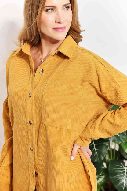 Size Inclusive Oversized Corduroy Button-Down Tunic Shirt with Bust Pocket for Women | Shirts | Ro + Ivy
