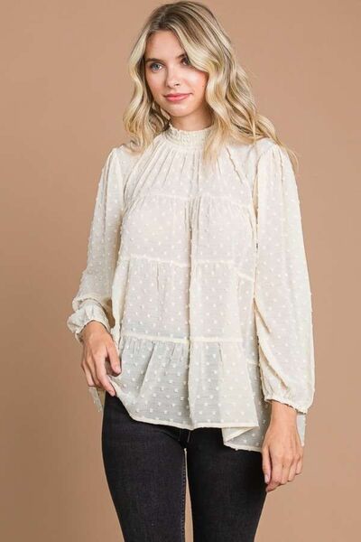 Size Inclusive Swiss Dot Smocked Mock Neck Blouse for Women | Blouses | Ro + Ivy