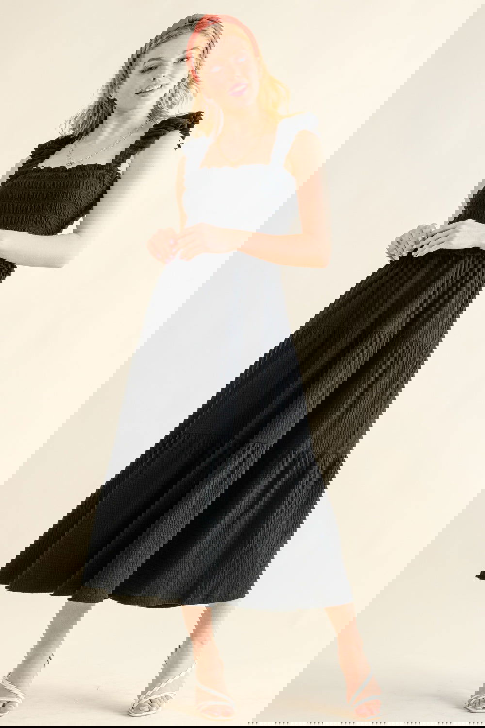 Black Smocked Ruffled Tiered Maxi Dress Trendy Maxi Dresses Outfit Idea for Women | Ro + Ivy
