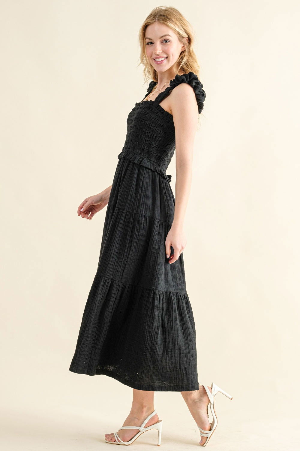 Smocked Ruffled Tiered Maxi Dress Trendy Maxi Dresses Outfit Idea for Women | Ro + Ivy
