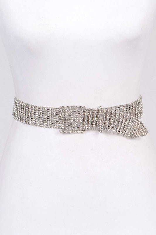 Statement Rhinestone Buckle Chain Belt – Silver O S outfit idea for women | Ro + Ivy